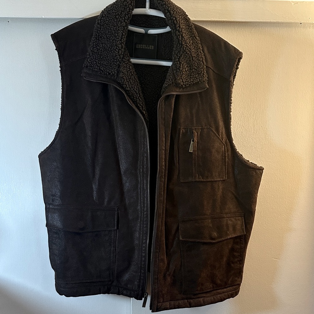 Men's Brown Leather Vest with Sherpa Collar